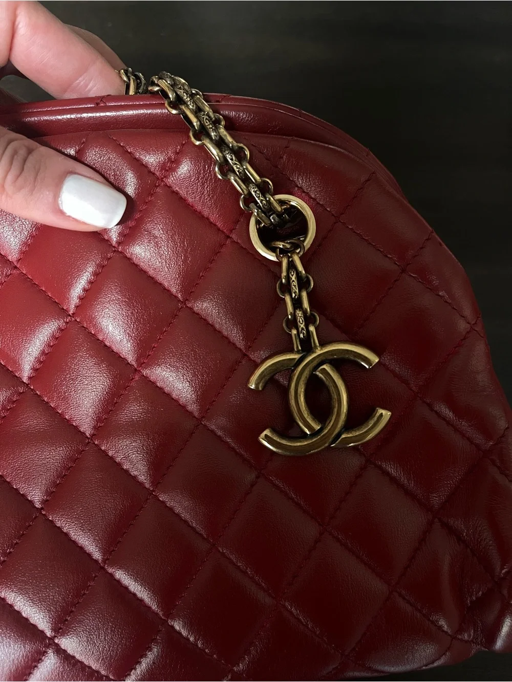 CHANEL Red Quilted Leather Shoulder Bag with Gold Chain and CC Charm